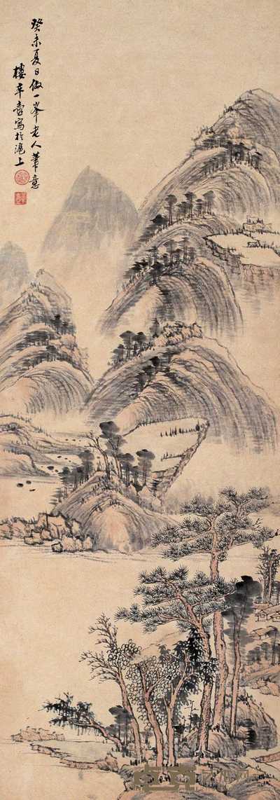 楼村 1943年作 秋山苍韵 立轴 91.5×32.5cm